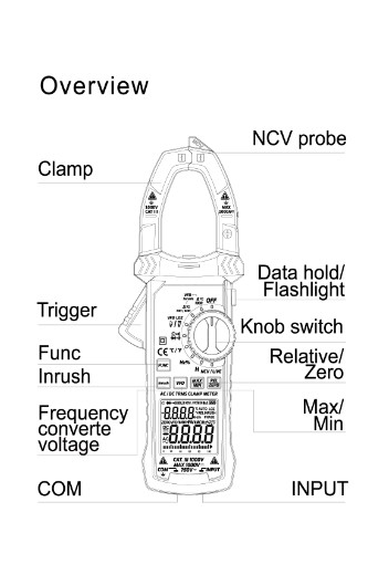KM-205E overview — clamp, NCV probe, knob switch and terminals